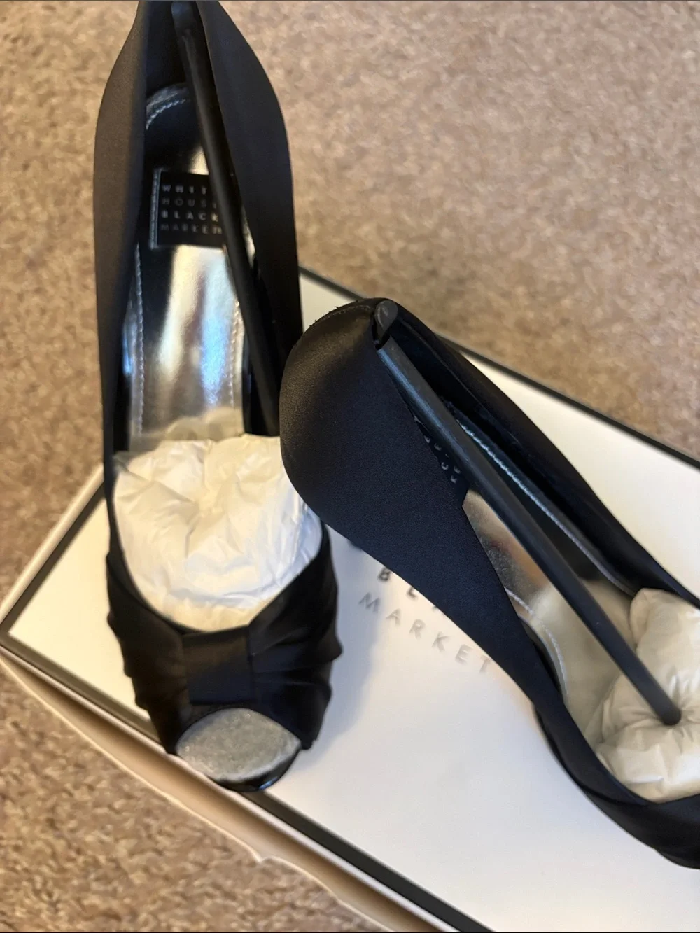 White House Black Market Black Satin Peep-Toe Knot Pumps